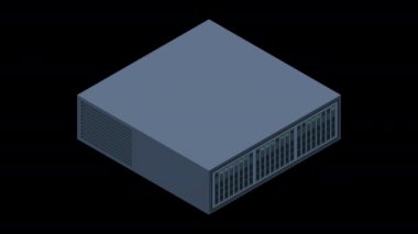 Isometric sunucu animasyonu. Sunucu rafları. Sunucu kutuları izole edildi. Ağ sunucu odası. Bilgisayar ağı teknolojisi. Alfa kanalı ile şeffaf arkaplan
