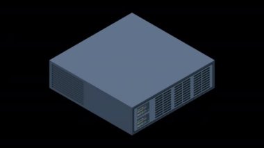 Isometric sunucu animasyonu. Sunucu rafları. Sunucu kutuları izole edildi. Ağ sunucu odası. Bilgisayar ağı teknolojisi. Alfa kanalı ile şeffaf arkaplan