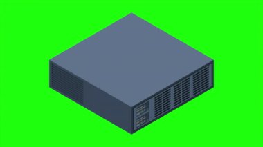Isometric sunucu animasyonu. Sunucu rafları. Sunucu kutuları izole edildi. Ağ sunucu odası. Bilgisayar ağı teknolojisi. 4K video eşölçülü olarak canlandırıldı