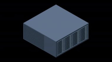 Isometric sunucu animasyonu. Sunucu rafları. Sunucu kutuları izole edildi. Ağ sunucu odası. Bilgisayar ağı teknolojisi. Alfa kanalı ile şeffaf arkaplan