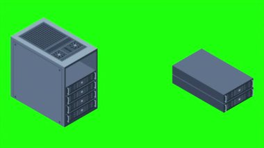 Isometric sunucu animasyonu. Sunucu rafları. Sunucu kutuları izole edildi. Ağ sunucu odası. Bilgisayar ağı teknolojisi. 4K video eşölçülü olarak canlandırıldı