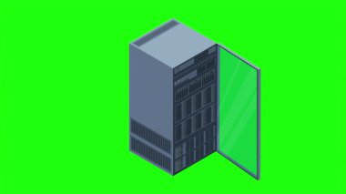 Isometric sunucu animasyonu. Sunucu rafları. Sunucu kutuları izole edildi. Ağ sunucu odası. Bilgisayar ağı teknolojisi. 4K video eşölçülü olarak canlandırıldı