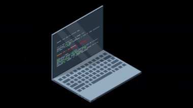 Ekran animasyonunda program kodlu Isometric laptop. Programlama kavramı. Web gelişimi. Alfa kanalı ile şeffaf arkaplan