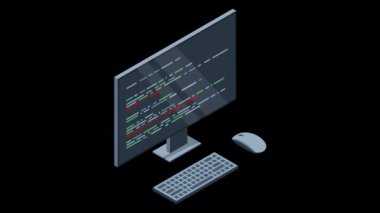 Ekran animasyonunda program kodlu Isometric monitör. Klavye ve fare ile bilgisayar programlama. Programlama kavramı. Web gelişimi. Alfa kanalı ile şeffaf arkaplan