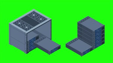 Isometric sunucu animasyonu. Sunucu rafları. Sunucu kutuları izole edildi. Ağ sunucu odası. Bilgisayar ağı teknolojisi. 4K video eşölçülü olarak canlandırıldı