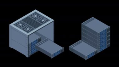 Isometric sunucu animasyonu. Sunucu rafları. Sunucu kutuları izole edildi. Ağ sunucu odası. Bilgisayar ağı teknolojisi. Alfa kanalı ile şeffaf arkaplan
