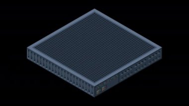 Isometric sunucu animasyonu. Sunucu rafları. Sunucu kutuları izole edildi. Ağ sunucu odası. Bilgisayar ağı teknolojisi. Alfa kanalı ile şeffaf arkaplan
