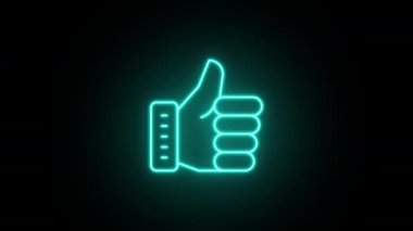 Parlayan neon çizgisi, el başparmağı, animasyonu canlandırıyor. Simge animasyonu gibi. Neon çizgisi ikon animasyonu gibi. Mavi neon çizgisi baş parmak yukarı işareti. Alfa kanalı ile şeffaf arkaplan