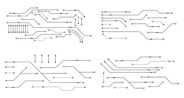 Baskılı devre kartı seti. Soyut fütüristik devre kartı. Yüksek teknoloji dijital devre kartı. Gelecekçi teknoloji tasarım elementleri. Vektör illüstrasyonu