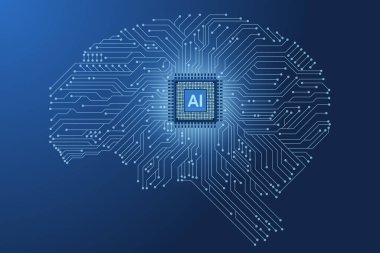 Beyin illüstrasyonunda yapay zeka mikro çipi. Yapay zeka çipi ve devresi olan dijital beyin. Makine öğrenme teknolojisi kavramı. Dijital beyin çizimi. Vektör illüstrasyonu