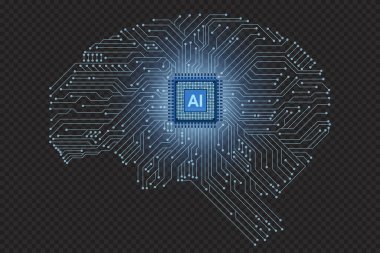 Beyin illüstrasyonunda yapay zeka mikro çipi. Yapay zeka çipi ve devresi olan dijital beyin. Makine öğrenme teknolojisi kavramı. Dijital beyin çizimi. Vektör illüstrasyonu