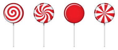 Sarmal ve ışın desenli bir lolipop seti. Çizgili şeker. Yılbaşı günü için resim, kış tatili, tatlı, yeni yıl etkinliği. Vektör illüstrasyonu