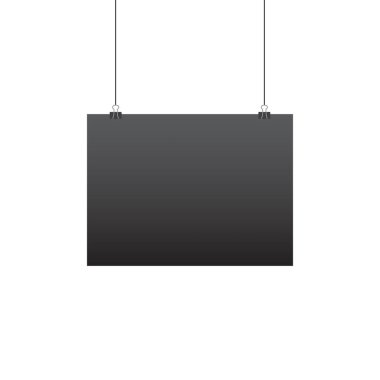 Kağıt ataçta asılı. Siyah çerçeveli poster modeli. İpe asılmış bir poster. Gerçekçi boş pankart. Vektör illüstrasyonu