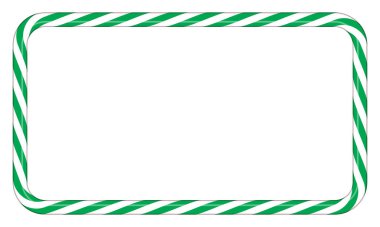 Yeşil ve beyaz çizgili şeker kamışı çerçevesi. Çizgili şeker lolipop desenli sınır. Kış süsü. Vektör illüstrasyonu
