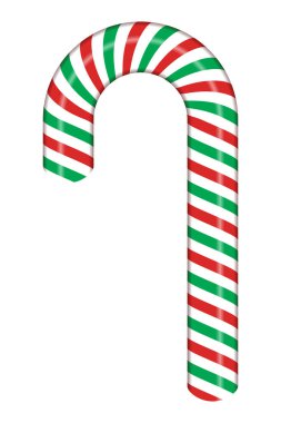 Kırmızı ve yeşil çizgili şeker kamışı. Gerçekçi şeker kamışı. Yeni yıl için tatlı çubuk. Dekorasyon şekeri lolipopu. Vektör illüstrasyonu