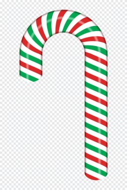 Kırmızı ve yeşil çizgili şeker kamışı. Gerçekçi şeker kamışı. Yeni yıl için tatlı çubuk. Dekorasyon şekeri lolipopu. Vektör illüstrasyonu