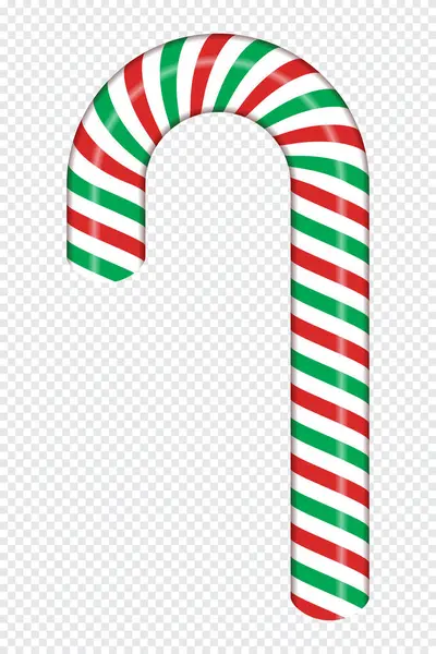 Kırmızı ve yeşil çizgili şeker kamışı. Gerçekçi şeker kamışı. Yeni yıl için tatlı çubuk. Dekorasyon şekeri lolipopu. Vektör illüstrasyonu