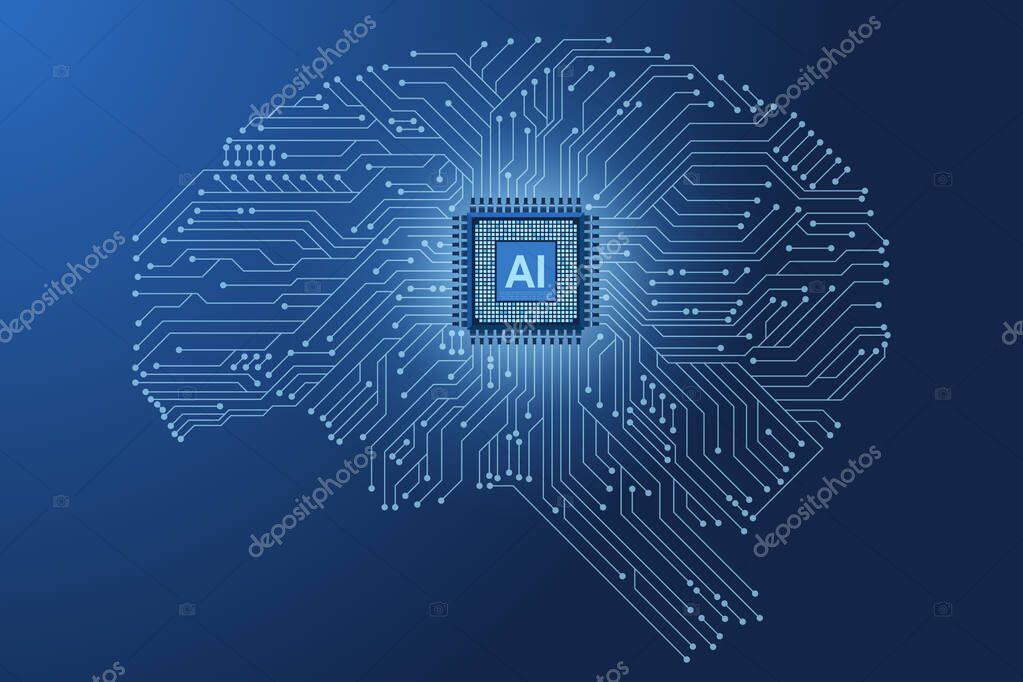 AI micro chip on brain illustration. Digital brain with AI chip and circuit. Machine learning technology concept. Digital brain illustration. Vector illustration