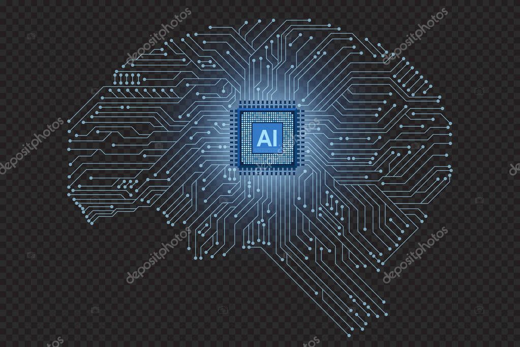 AI micro chip on brain illustration. Digital brain with AI chip and circuit. Machine learning technology concept. Digital brain illustration. Vector illustration