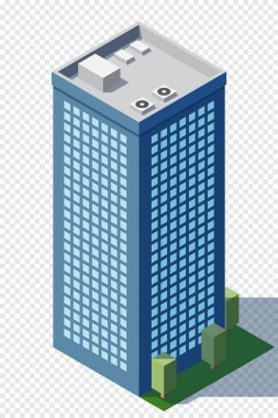 Isometric şehir binası. Isome modern binası. Gökdelen binası ya da iş ofisi. Vektör illüstrasyonu