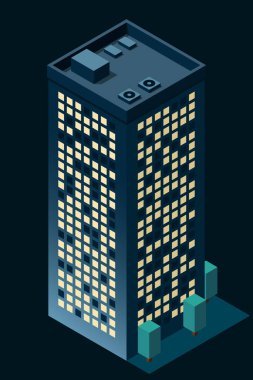 Geceleri Isome Şehir Binası. Isome modern binası. Gökdelen binası ya da iş ofisi. Vektör illüstrasyonu