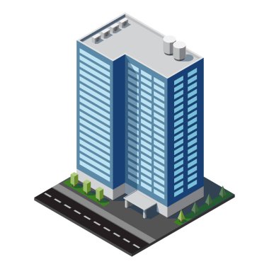 Isometric şehir binası. Isome modern binası. Gökdelen binası ya da iş ofisi. Vektör illüstrasyonu