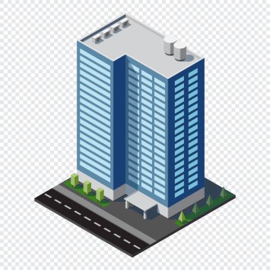 Isometric şehir binası. Isome modern binası. Gökdelen binası ya da iş ofisi. Vektör illüstrasyonu