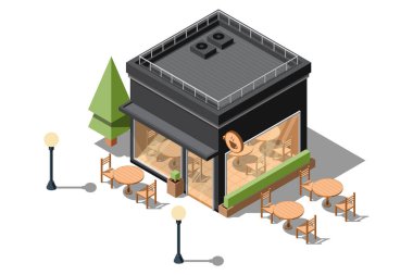 Isometric kahve dükkanı. Isometric vektör kafe binası. Kahve dükkanının dışından.