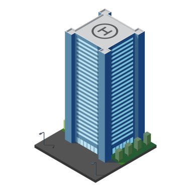 Isometric şehir binası. Isome modern binası. Gökdelen binası ya da iş ofisi. Vektör illüstrasyonu