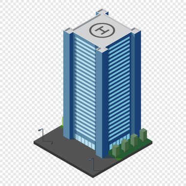 Isometric şehir binası. Isome modern binası. Gökdelen binası ya da iş ofisi. Vektör illüstrasyonu