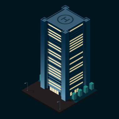 Geceleri Isome Şehir Binası. Isome modern binası. Gökdelen binası ya da iş ofisi. Vektör illüstrasyonu