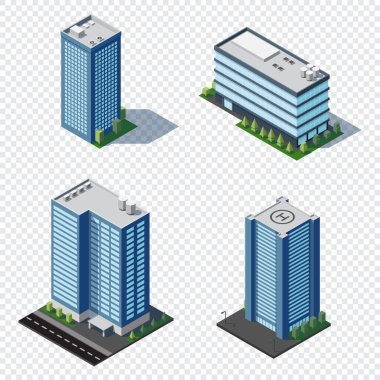 İzometrik şehir binası seti. Isome modern binası. Gökdelen binası ya da iş ofisi. Vektör illüstrasyonu