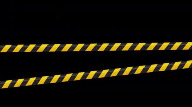Uyarı bandı ve polis hattı animasyonu. Siyah ve sarı çizgi çizgili animasyon. Tehlike bandı uyarısı. Alfa kanalı ile şeffaf arkaplan