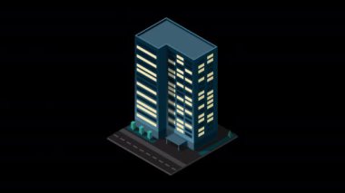 Gece animasyonunda Isome Şehir Binası. Isome modern binası. Gökdelen binası ya da iş ofisi. Hareket grafiği. Alfa kanalı ile şeffaf arkaplan