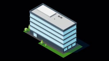 Isome Şehir Binası animasyonu. Isome modern binası. Gökdelen binası ya da iş ofisi. Hareket grafiği. Alfa kanalı ile şeffaf arkaplan