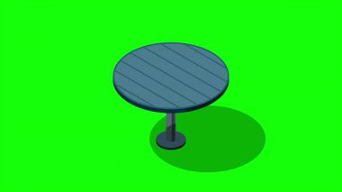 Isometric yuvarlak masa animasyonu. Tahta yuvarlak masa. Isometric mobilya. Hareket grafiği. 4K canlandırması