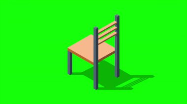 Sandalye animasyonu. Tahta sandalye. İzometrik tarzda sandalye ikonu. Isometric mobilya. Hareket grafiği. 4K canlandırması