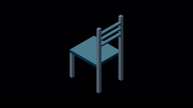 Sandalye animasyonu. Tahta sandalye. İzometrik tarzda sandalye ikonu. Isometric mobilya. Hareket grafiği. Alfa kanalı ile şeffaf arkaplan