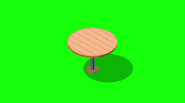 Sandalyeleri animasyonlu Isometric yuvarlak masa. Tahta yuvarlak masa. Isometric mobilya. Hareket grafiği. 4K canlandırması