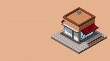 Isome Kafe Binası animasyonu. Dışarıdaki kafe binası. Kafe ikonu. Isome mağazası ya da mağazalar. Hareket grafiği. 4K canlandırması