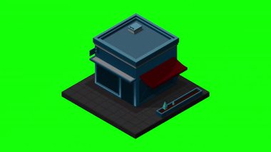 Gece animasyonunda Isome Kafe Binası. Dışarıdaki kafe binası. Kafe ikonu. Isome mağazası ya da mağazalar. Hareket grafiği. 4K canlandırması