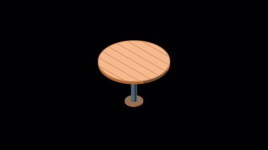 Sandalyeleri animasyonlu Isometric yuvarlak masa. Tahta yuvarlak masa. Isometric mobilya. Hareket grafiği. Alfa kanalı ile şeffaf arkaplan