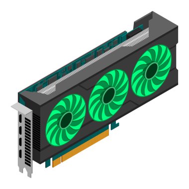 İzometrik video kartı. Video kartı izometrik. Bilgisayar donanımı bileşenleri. GPU grafik kartı illüstrasyonu