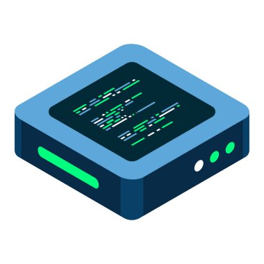 İzometrik fütürist sunucu. İzometrik veritabanı veya veri merkezi. Soyut engelleme zinciri. Bilgisayar deposu. Bulut deposu. Vektör illüstrasyonu