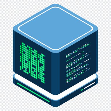 İzometrik fütürist sunucu. İzometrik veritabanı veya veri merkezi. Soyut engelleme zinciri. Bilgisayar deposu. Bulut deposu. Vektör illüstrasyonu