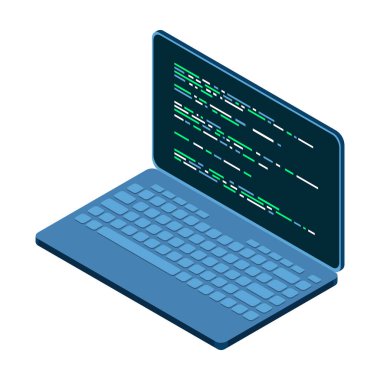 Isometric Laptop. 3D izometrik dizüstü bilgisayar. Bir dizüstü ekranda soyut programlama dili ve program kodu. Vektör illüstrasyonu