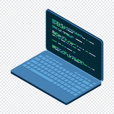 Isometric Laptop. 3D izometrik dizüstü bilgisayar. Bir dizüstü ekranda soyut programlama dili ve program kodu. Vektör illüstrasyonu