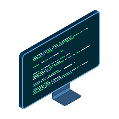 İzometrik monitör. Bilgisayar monitörü izometrik masaüstü. Monitördeki program kodu. Modern monitör. Vektör illüstrasyonu