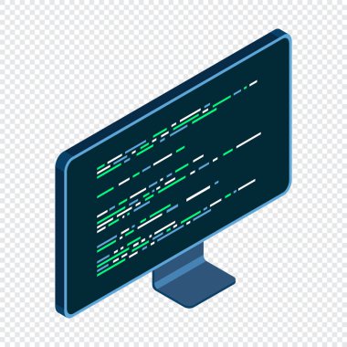 İzometrik monitör. Bilgisayar monitörü izometrik masaüstü. Monitördeki program kodu. Modern monitör. Vektör illüstrasyonu