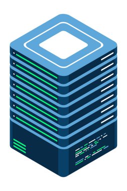 Isometric sunucusu. Ağ sunucusu. Üç boyutlu bilgisayar ekipmanı. Depo veritabanı. Isometric teknolojisi. Vektör illüstrasyonu